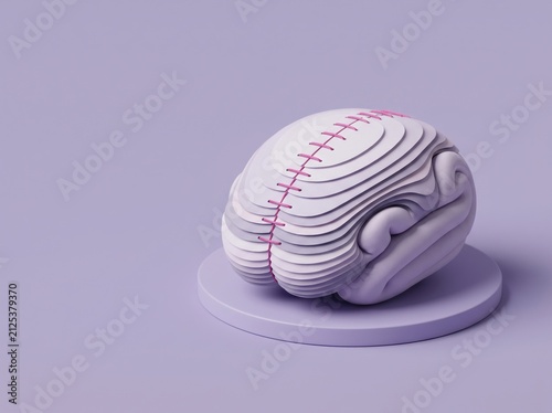 Layered paper-craft brain sculpture with pink stitching on lavender pedestal