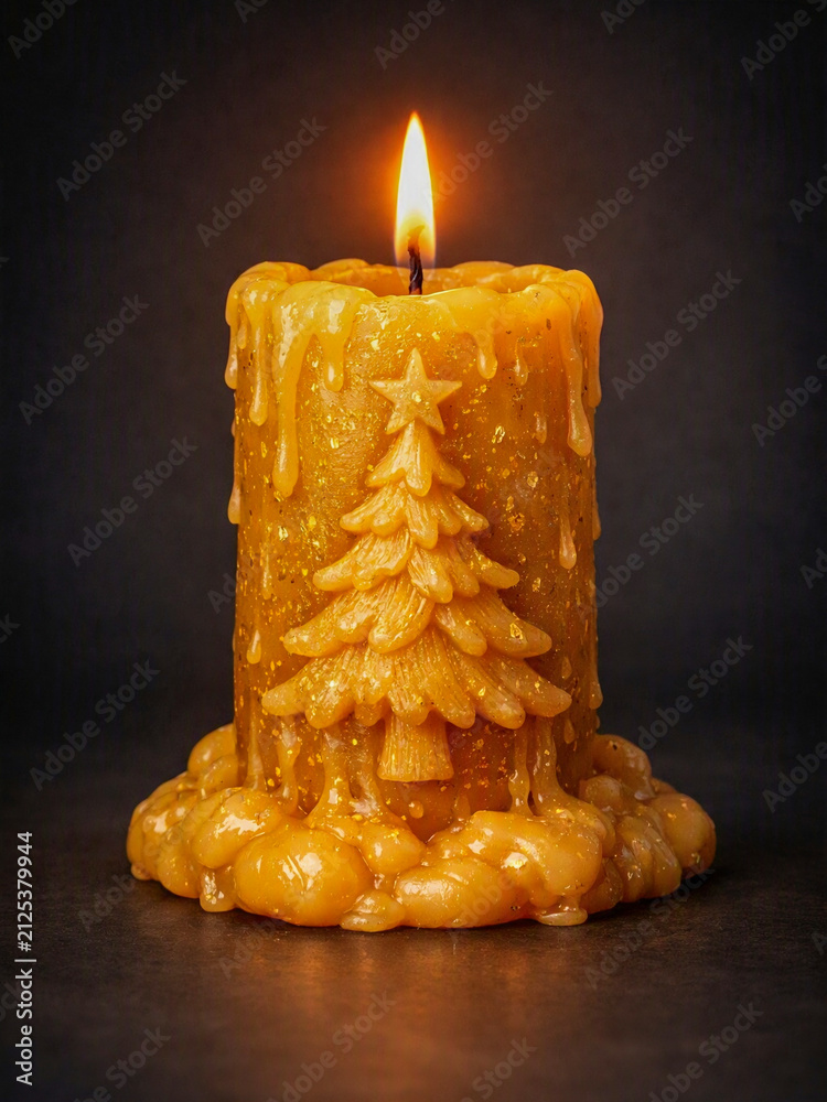 Obraz premium Burning sculptural Christmas candle with festive tree relief and golden dripping wax