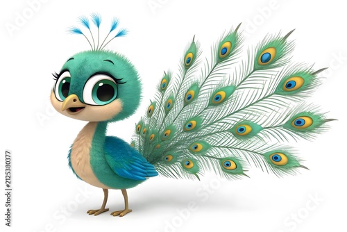 Cute cartoon peacock chick with colorful feathers standing