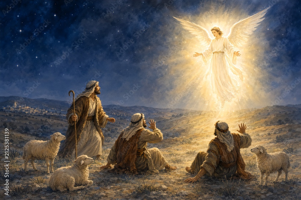 Fototapeta premium Annunciation to the shepherds. Biblical illustration of a divine messenger visiting a shepherds. Angel with a good news, Christian gospel scene.