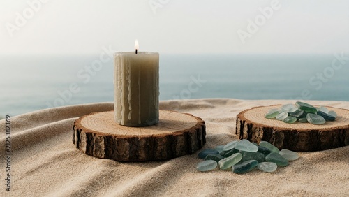 Tranquil Beach Spa Setup with Lit Candle and Sea Glass on Rustic Wooden Slices
