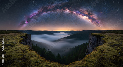 Epic panoramic landscape of a glowing Milky Way arch and starry night sky over a deep canyon. Thick fog rolls through the dark pine forest valley, framed by green mossy cliffs at twilight.