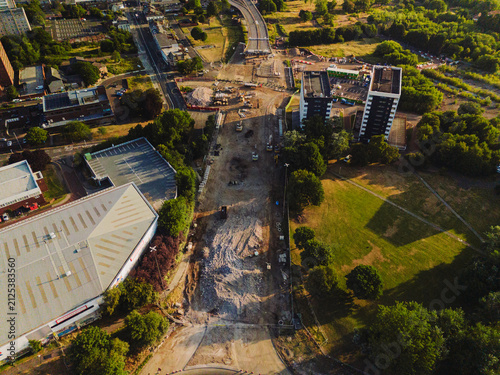 Gateshead UK: 20th July 2026: The demolition of the Gateshead Flyover from a high angle. Nearby buildings and open areas are visible, with construction work ongoing
