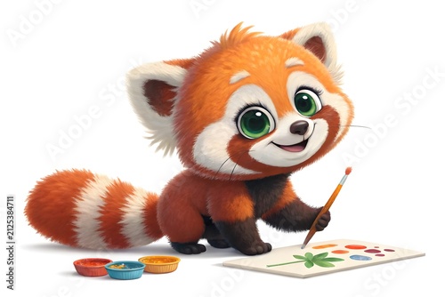 Cute cartoon red panda cub painting with brush and colors