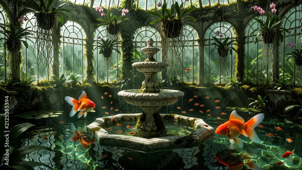 Fototapeta premium Serene Indoor Garden Conservatory with Stone Fountain and Goldfish Pond