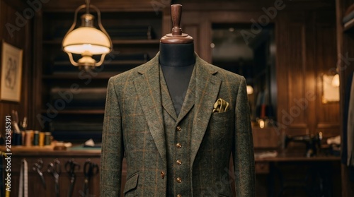 A checked three piece suit with waistcoat and tie stands on a mannequin in a warm tailor shop. Concept luxury menswear and custom tailoring for ads, websites and magazines. Generative AI.