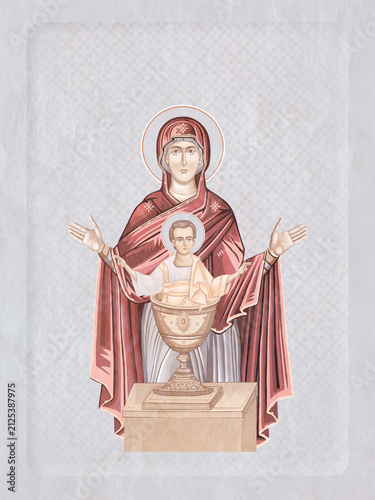 Inexhaustible Cup. Blessed Virgin Mary and Jesus Christ. Christian illustration in Byzantine style in pastel colors