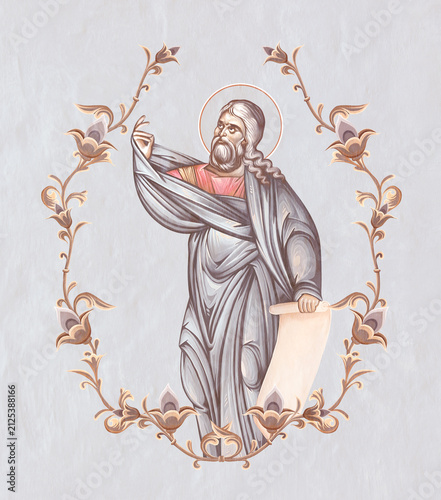Isaiah prophet. Christian pastel illustration in Byzantine style in floral frame