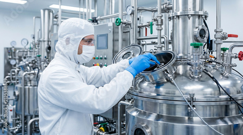 Focused researcher in full protective gear meticulously operating advanced bioprocess equipment within a controlled cleanroom environment