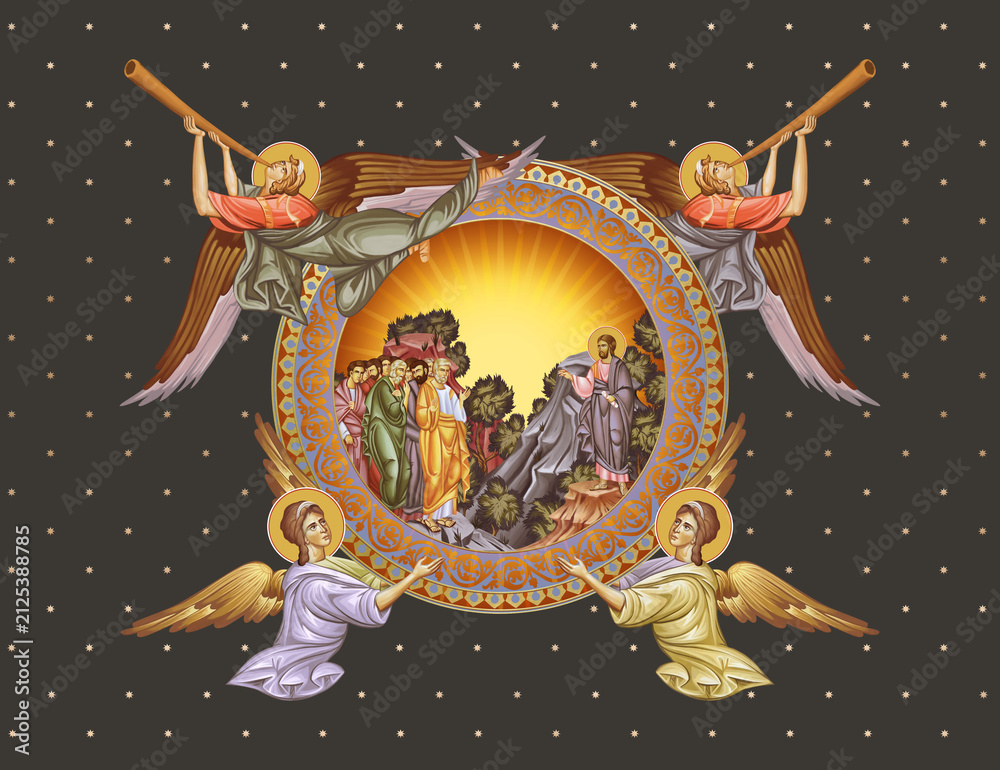 Fototapeta premium Post-Resurrection appearances of Jesus. Decorative vintage illustration with angels in Byzantine style