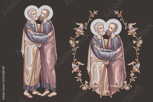 Saints Peter and Paul. Christian pastel illustration set in Byzantine style isolated