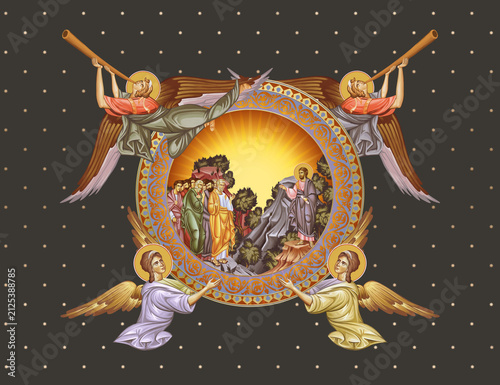 Post-Resurrection appearances of Jesus. Decorative vintage illustration with angels in Byzantine style