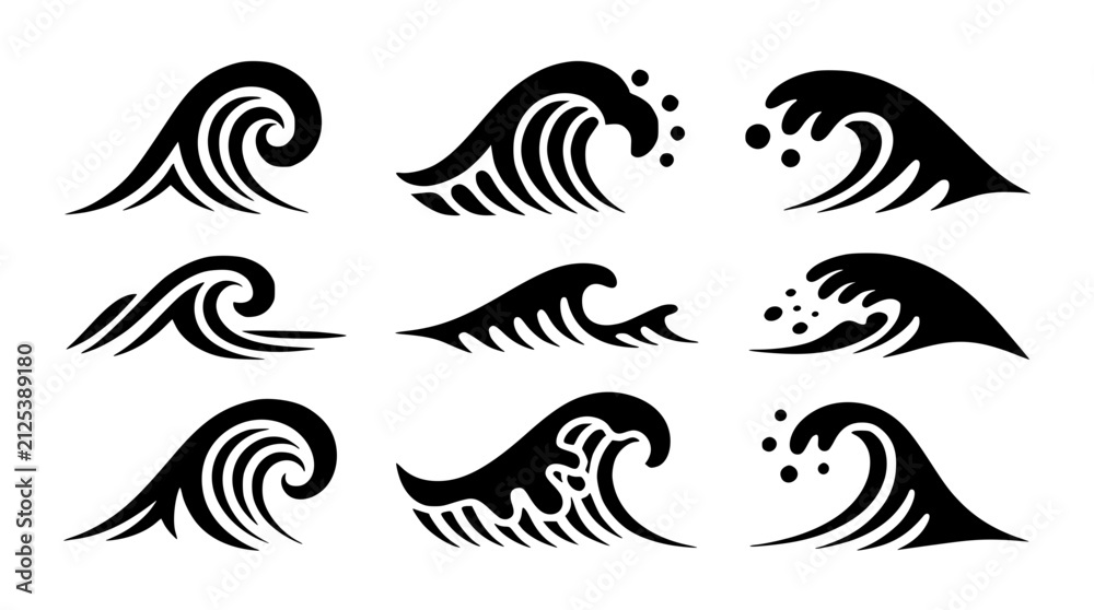 Fototapeta premium Minimal black ocean wave vector set with sea surf foam splash and marine water elements