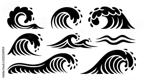 Bild auf Leinwand Black ocean waves vector collection with surf water splash and sea foam elements