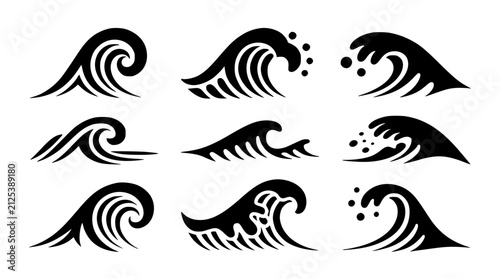 Foto Minimal black ocean wave vector set with sea surf foam splash and marine water e