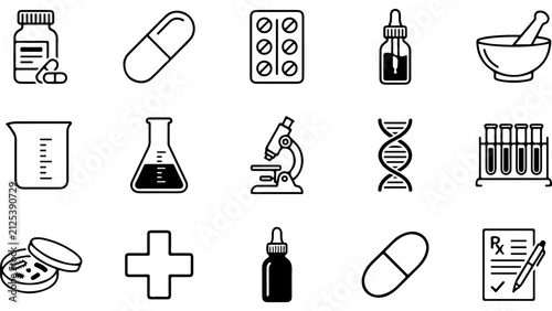 Set of medical and science icons showing pills medicine pharmacy laboratory equipment and research