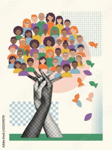 Tree illustration with clasped hands trunk and community faces canopy