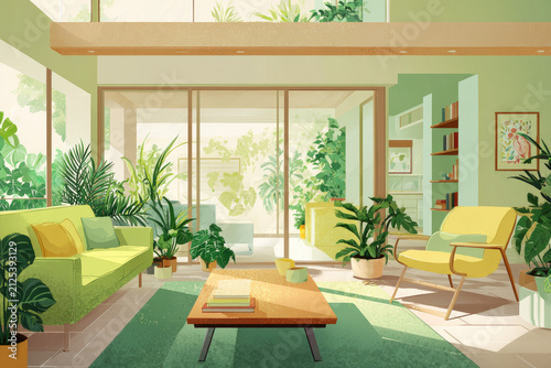 Interior of living room with green houseplants and sofas 