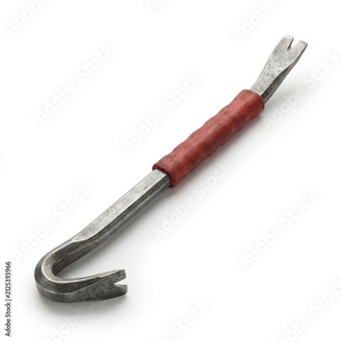 Heavy-duty crowbar with red handle for construction and demolition. Steel pry bar tool for lifting, levering, and removing nails