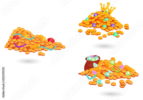 Fotografie Treasure piles with gold coins and jewels on transparent background