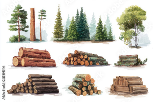 Forest pines and spruces. Log pile, logging, woodworking industry. Wide banner or panoramic wooden chests. 