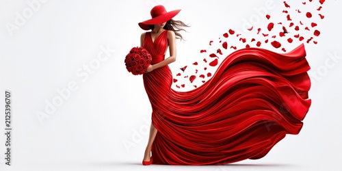 Dramatic beauty in crimson dress with floral accents