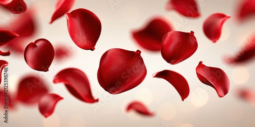 Romantic falling rose petals in gentle light