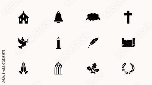Foto Minimalist black religious and spiritual symbols icon set on light background wi