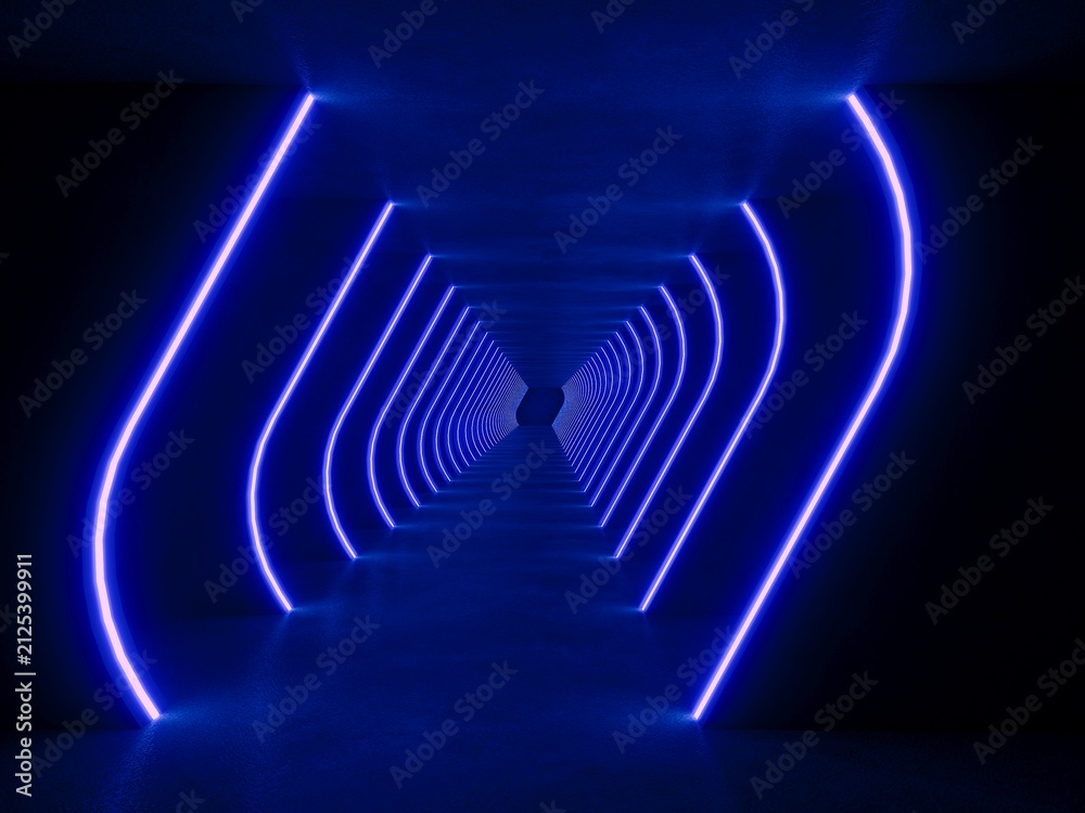Naklejka premium Blue modern lighting tunnel space, 3d rendering sci-fi concept