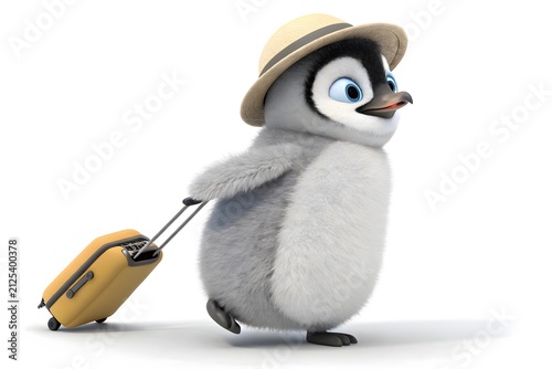Cute cartoon penguin pulling yellow suitcase with hat