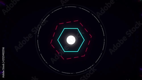 Seamless loop futuristic AI core HUD. Abstract glowing neon hexagon cyber portal for quantum computing, big data analysis, cyber security systems, and B2B enterprise software motion background.