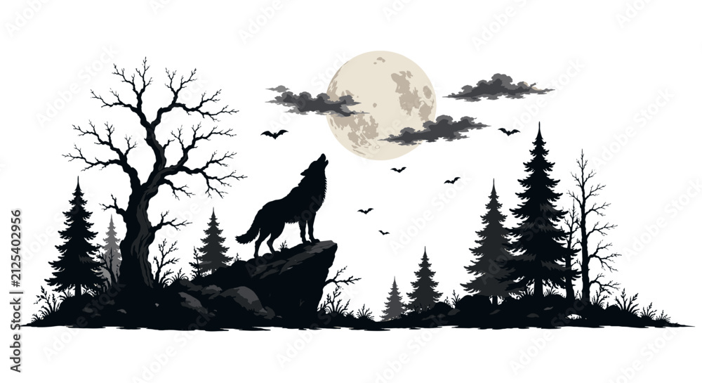 Fototapeta premium Spooky Halloween night forest scene with howling wolf, full moon, haunted trees, bats and dark woodland isolated on transparent background 