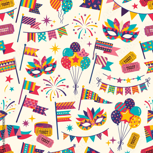 Carnival Celebration Pattern: A vibrant and festive seamless pattern filled with colorful carnival elements such as masquerade masks, balloons, flags, fireworks, and tickets.