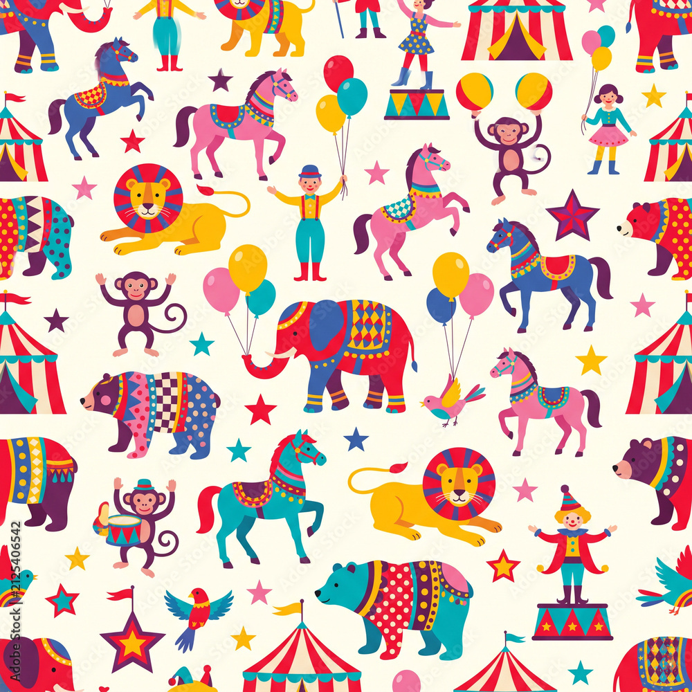 Fototapeta premium Vibrant Circus Carnival: A lively and colorful seamless pattern featuring a whimsical collection of circus animals, performers, tents, and stars, evoking a sense of fun and entertainment.