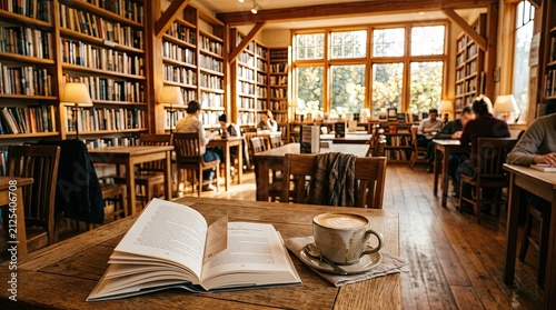 Open book and cup of coffee on table in cozy library with bookshelves, bookstore