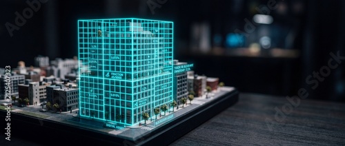 Real estate tokenization concept with glowing digital grid overlaying miniature city building model showing fractional ownership.