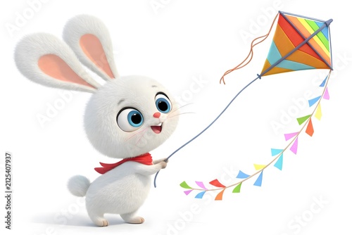 Cartoon rabbit flying colorful kite outdoors