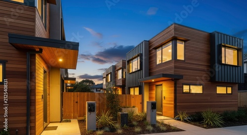 Modern contemporary townhouse development at dusk with illuminated windows and natural wood siding