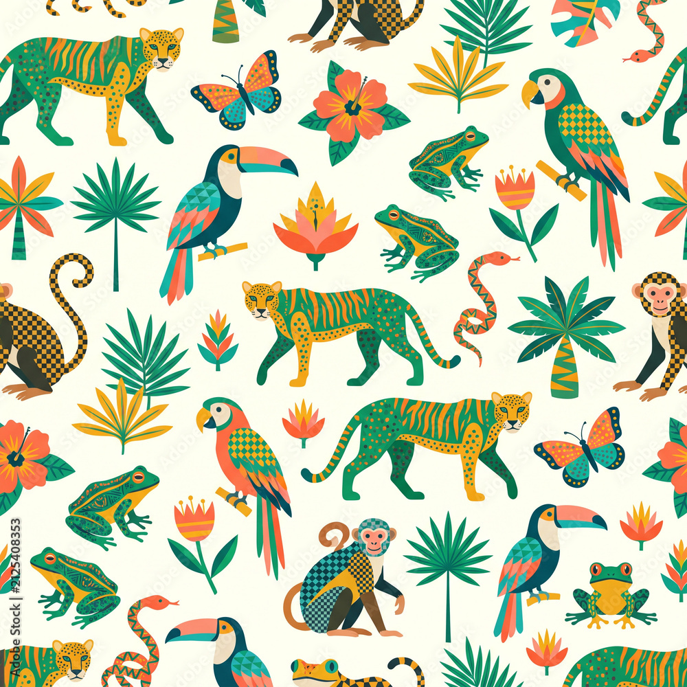 Obraz premium Jungle Fiesta: A vibrant and playful seamless pattern featuring a colorful collection of jungle animals, tropical foliage, and exotic flowers, perfect for children's designs.