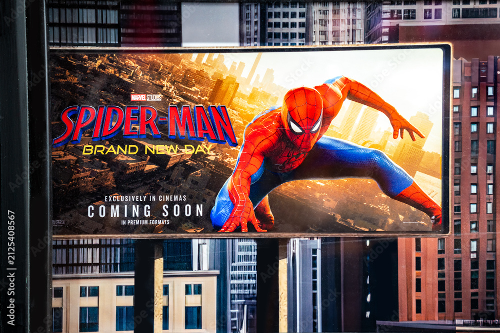 Fototapeta premium Bangkok, Thailand - August 3, 2025 : Billboard advertising the film Spider-Man: Brand New Day in the lobby of the Major Cineplex Siam Paragon.