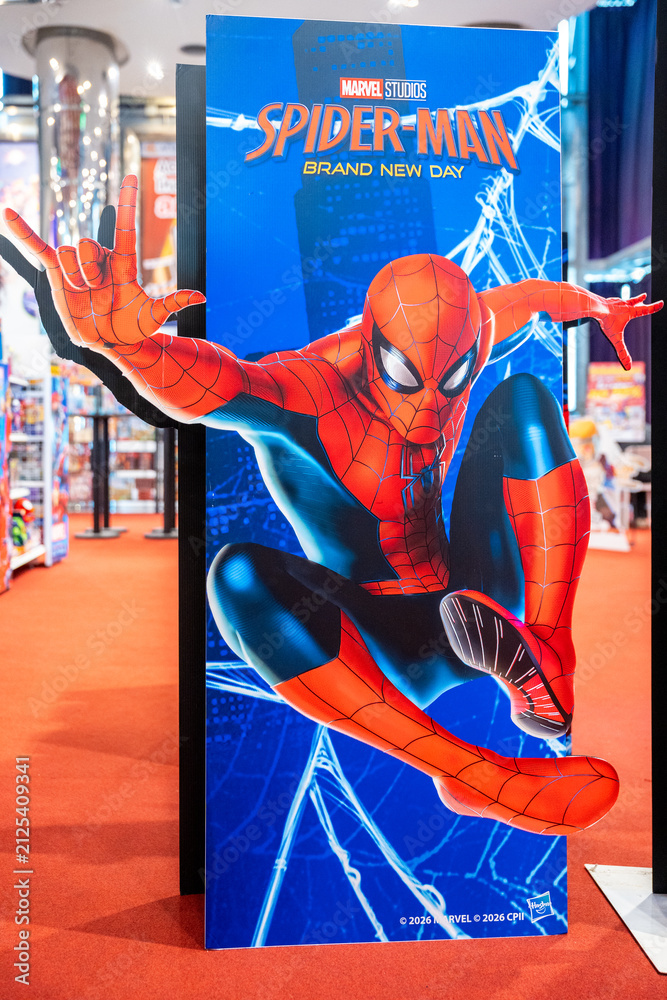 Fototapeta premium Bangkok, Thailand - August 3, 2025 : Billboard advertising the film Spider-Man: Brand New Day in the lobby of the Major Cineplex Siam Paragon.