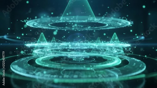 Holographic data interface ring with teal light and concentric radar waveform circular grid data