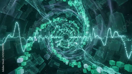 Digital tunnel of glowing data cube waveform energy futuristic motion neon teal glow spiral stream