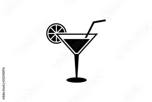 Black martini cocktail glass icon with a slice of lemon and a drinking straw isolated on white background