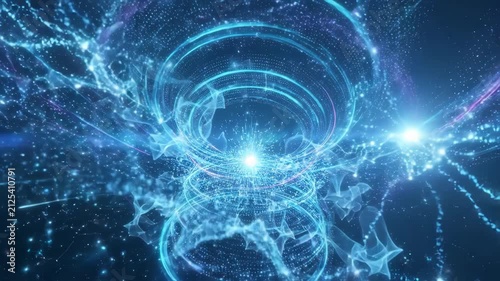 Digital vortex of glowing particle light energy and abstract futuristic neon rings evoking motion