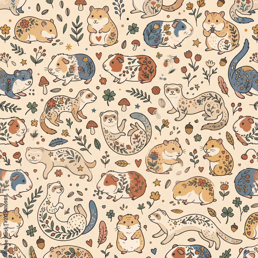 Naklejka premium Whimsical Woodland Creatures: A charming seamless pattern featuring adorable hamsters, guinea pigs, and ferrets adorned with floral motifs and surrounded by mushrooms and leaves.