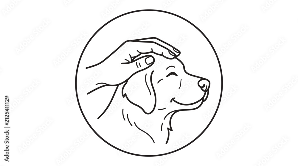 Obraz premium Hand petting loyal dog in circular frame. Gentle owner stroking happy pet with affectionate touch.