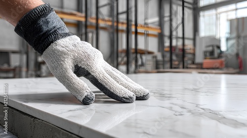 Professional construction craftsmanship image featuring gloved hands aligning galvanized corrugated roof panels, textured gray gloves and orange trim rendered with exceptional detail, 