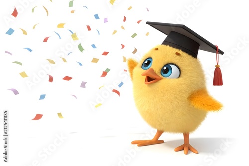 Cute yellow chick wearing graduation cap with confetti celebration