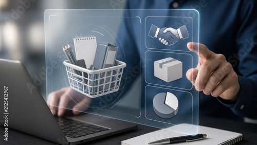 Business Procurement Dashboard with Office Supplies, Supplier Handshake, Delivery and Cost Chart